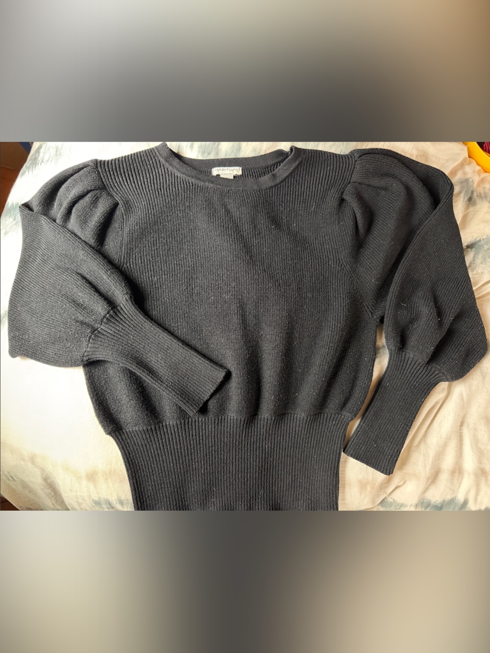 Habitual Black Puff-Sleeve Ribbed Crew Sweater